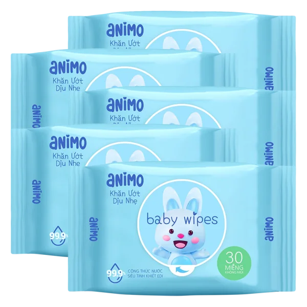 Combo 5 Khăn Ướt Dịu Nhẹ Animo không mùi (30 tờ) - Pink plus