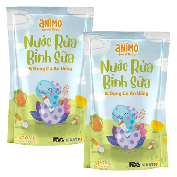 Combo 2 Nước rửa bình sữa kháng khuẩn Animo túi 500ml (Xanh da trời) - Pink plus