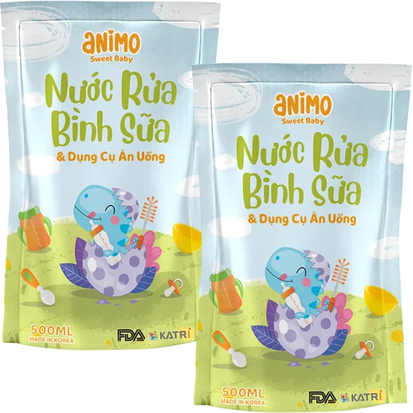 Combo 2 Nước rửa bình sữa kháng khuẩn Animo túi 500ml (Xanh da trời) - Pink plus