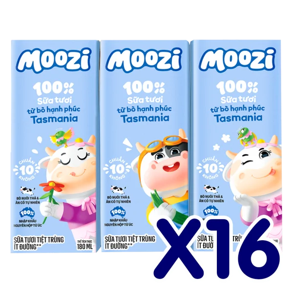 Combo 16 Sữa tươi tiệt trùng Moozi ít đường 180ml (lốc 3 hộp)
