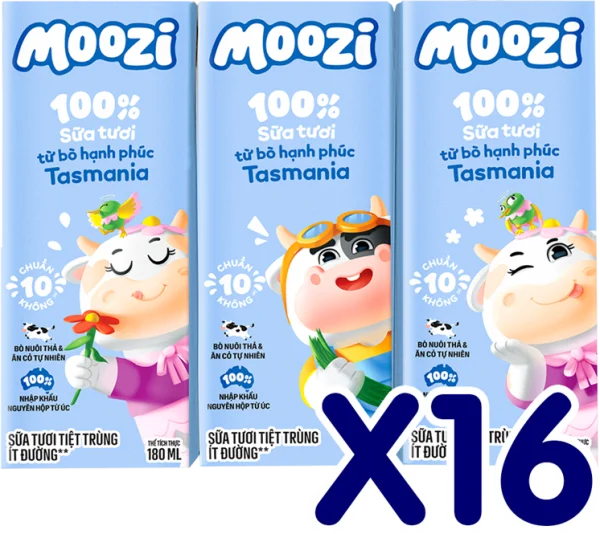 Combo 16 Sữa tươi tiệt trùng Moozi ít đường 180ml (lốc 3 hộp)