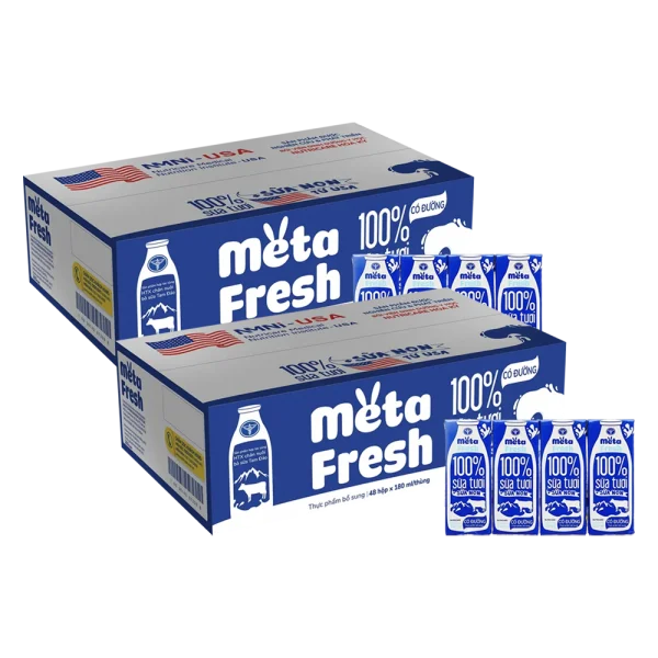 2 Th&ugrave;ng Sữa tươi c&oacute; đường bổ sung sữa non Metafresh 180ml, lốc 4 hộp