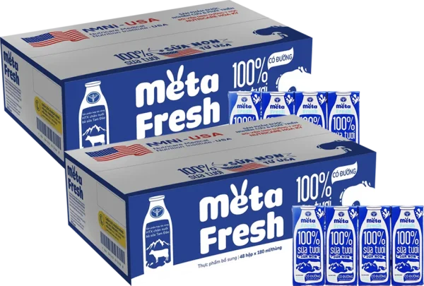 2 Thùng Sữa tươi có đường bổ sung sữa non Metafresh 180ml, lốc 4 hộp
