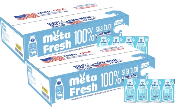 2 Thùng Sữa tươi ít đường bổ sung sữa non Metafresh 110ml, lốc 4 hộp