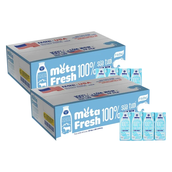 2 Th&ugrave;ng Sữa tươi &iacute;t đường bổ sung sữa non Metafresh 180ml, lốc 4 hộp