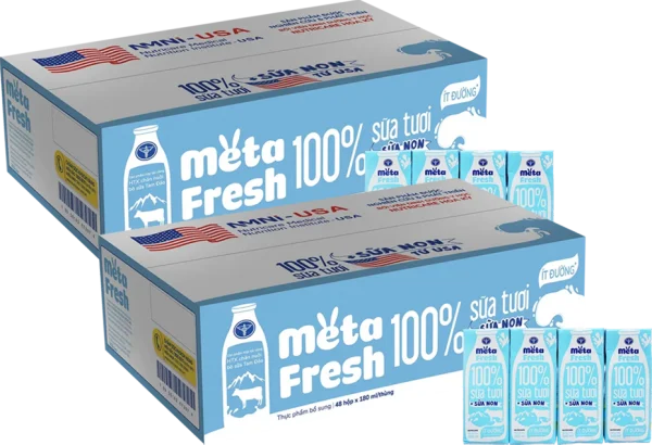2 Thùng Sữa tươi ít đường bổ sung sữa non Metafresh 180ml, lốc 4 hộp