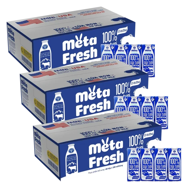 3 Th&ugrave;ng Sữa tươi c&oacute; đường bổ sung sữa non Metafresh 180ml, lốc 4 hộp