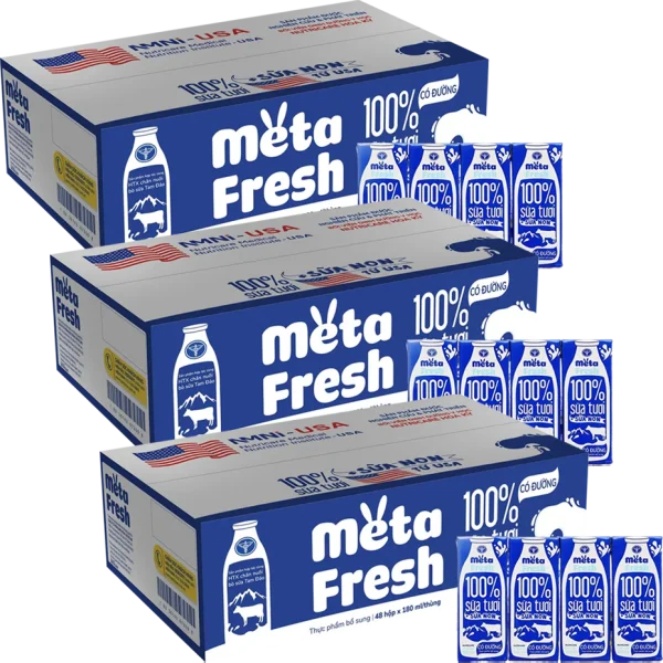3 Thùng Sữa tươi có đường bổ sung sữa non Metafresh 180ml, lốc 4 hộp