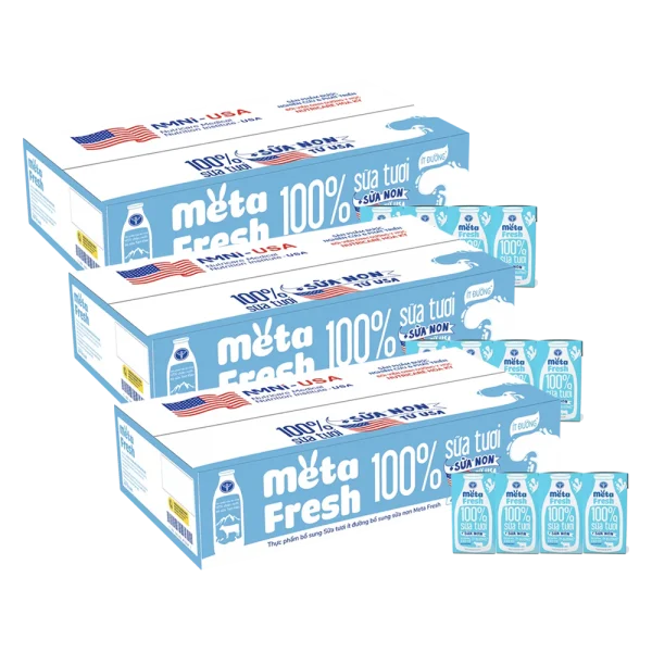 3 Th&ugrave;ng Sữa tươi &iacute;t đường bổ sung sữa non Metafresh 110ml, lốc 4 hộp