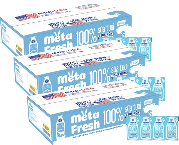 3 Thùng Sữa tươi ít đường bổ sung sữa non Metafresh 110ml, lốc 4 hộp