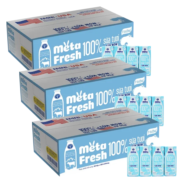 3 Thùng Sữa tươi ít đường bổ sung sữa non Metafresh 180ml, lốc 4 hộp