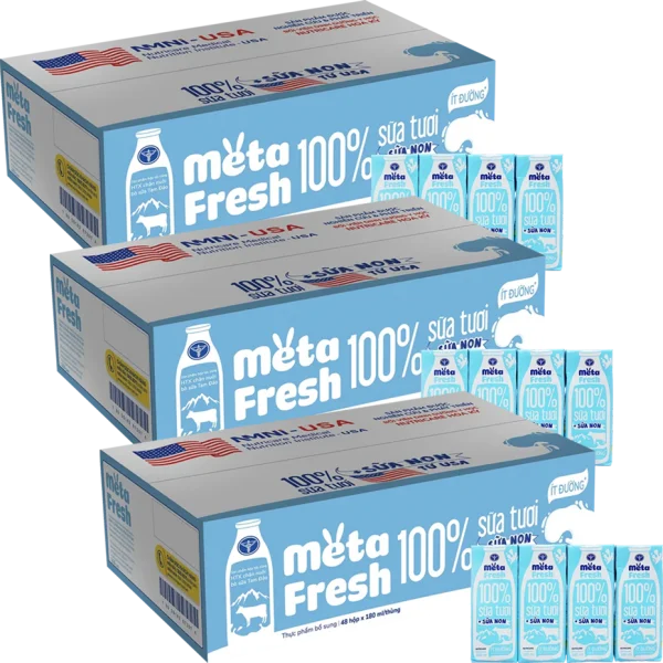 3 Thùng Sữa tươi ít đường bổ sung sữa non Metafresh 180ml, lốc 4 hộp