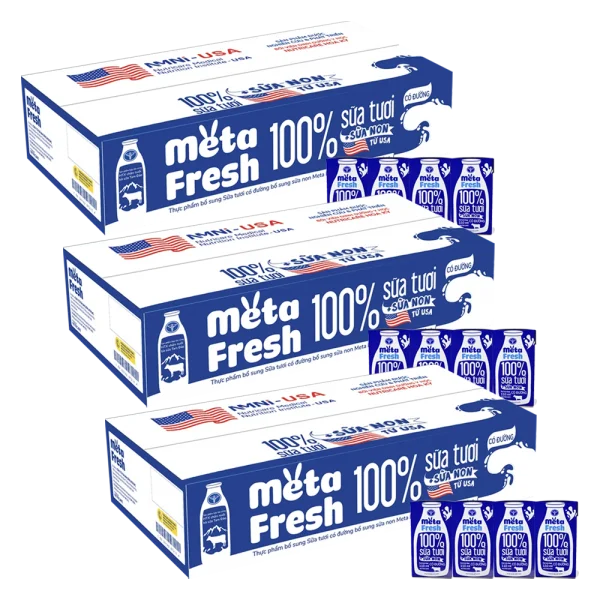 3 Thùng Sữa tươi có đường bổ sung sữa non Metafresh 110ml, lốc 4 hộp
