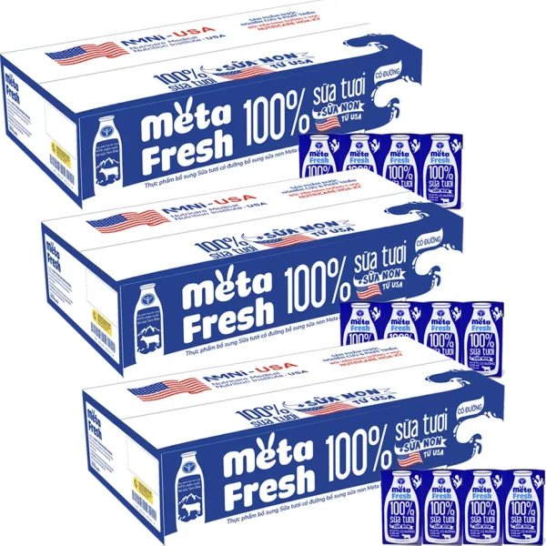 3 Thùng Sữa tươi có đường bổ sung sữa non Metafresh 110ml, lốc 4 hộp