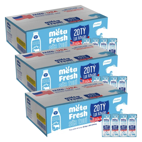 3 Thùng Sữa Tươi Tiệt Trùng MetaFresh Lợi Khuẩn 180ml (lốc 4 hộp)
