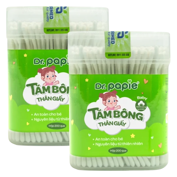Combo 2 Tăm bông thân giấy trẻ em Dr. Papie (200 que, 1 đầu xoắn, 1 đầu dẹt)