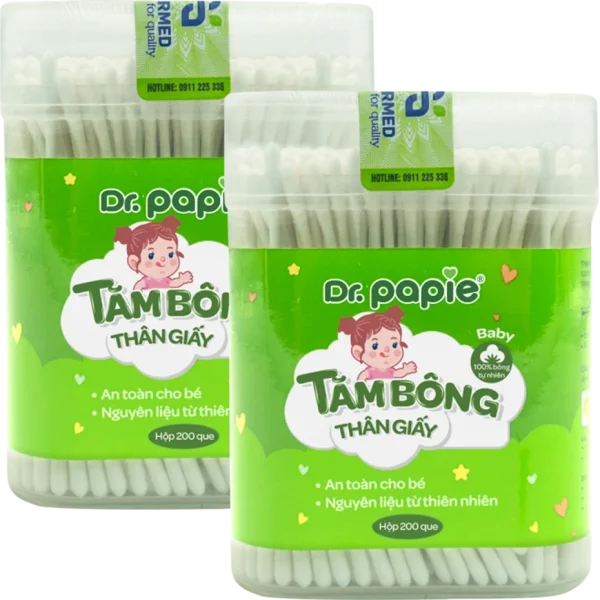 Combo 2 Tăm bông thân giấy trẻ em Dr. Papie (200 que, 1 đầu xoắn, 1 đầu dẹt)