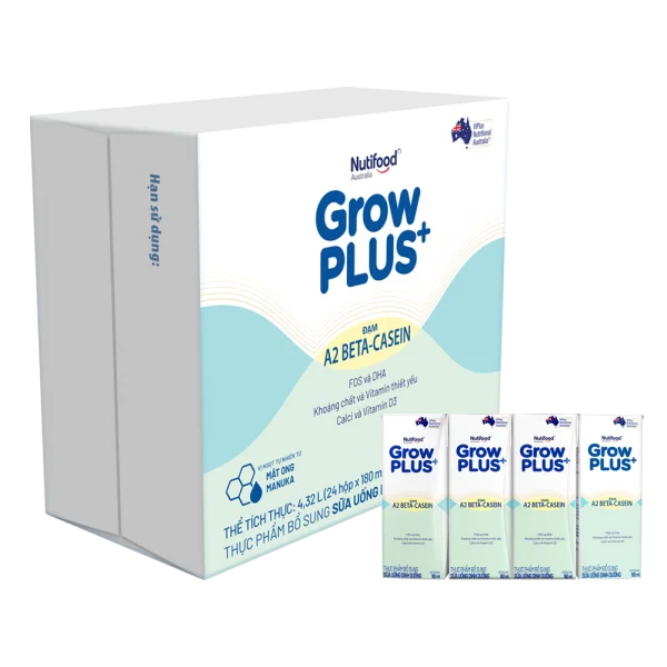 Thùng Sữa Bột Pha Sẵn Nutifood GrowPLUS A2 Beta-Casein 180ml (Lốc 4)