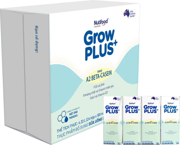 Thùng Sữa Bột Pha Sẵn Nutifood GrowPLUS A2 Beta-Casein 180ml (Lốc 4)