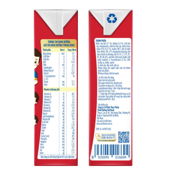 Sữa GrowPLUS+ ít đường 180ml (lốc 4 hộp)