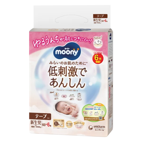 Bỉm tã dán Moony Natural (NB, 60 miếng + 6 miếng) (bao bì giao ngẫu nhiên)