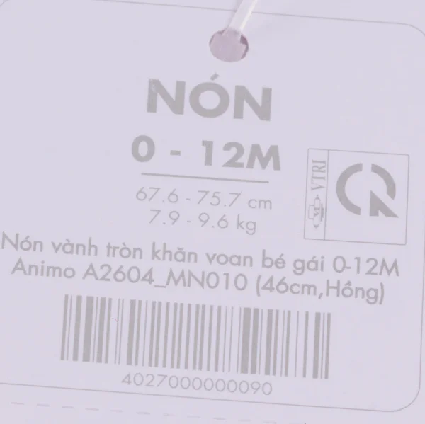 Nón vành tròn khăn voan bé gái 0-12M Animo A2604_MN010 (46cm,Hồng)