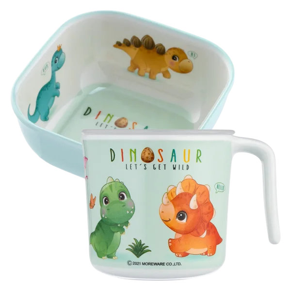 Combo 1 Bát ăn dặm melamine cao cấp Moreware (SW6343, vuông, khủng long) và 1 Cốc uống nước có nắp đậy melamine cao cấp Moreware (220ml, 1005, khủng long)