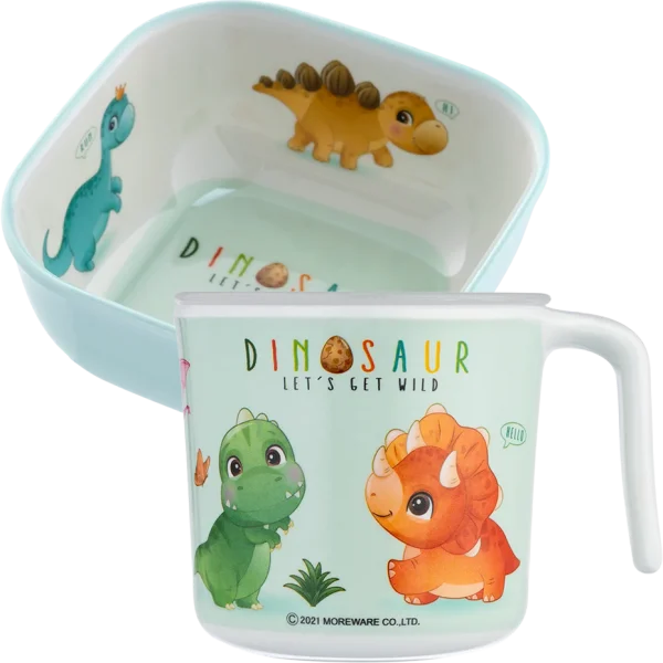 Combo 1 Bát ăn dặm melamine cao cấp Moreware (SW6343, vuông, khủng long) và 1 Cốc uống nước có nắp đậy melamine cao cấp Moreware (220ml, 1005, khủng long)
