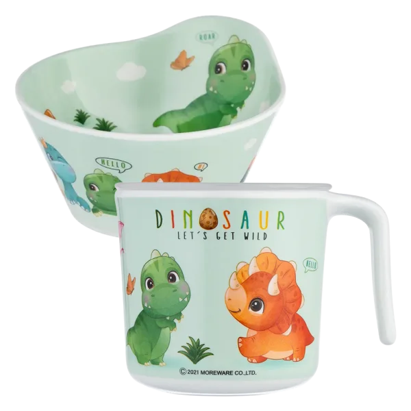 Combo 1 Cốc uống nước c&oacute; nắp đậy melamine cao cấp Moreware (220ml, 1005, khủng long) v&agrave; 1 B&aacute;t ăn dặm melamine cao cấp Moreware (W6015, tr&ograve;n, khủng long)