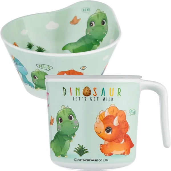 Combo 1 Cốc uống nước có nắp đậy melamine cao cấp Moreware (220ml, 1005, khủng long) và 1 Bát ăn dặm melamine cao cấp Moreware (W6015, tròn, khủng long)