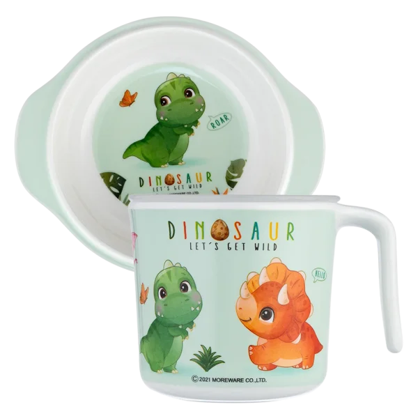 Combo 1 Cốc uống nước có nắp đậy melamine cao cấp Moreware (220ml, 1005, khủng long) và 1 Bát ăn dặm melamine cao cấp Moreware (W6082, tay cầm, khủng long)