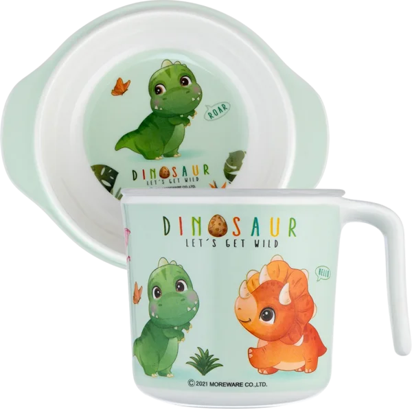 Combo 1 Cốc uống nước có nắp đậy melamine cao cấp Moreware (220ml, 1005, khủng long) và 1 Bát ăn dặm melamine cao cấp Moreware (W6082, tay cầm, khủng long)
