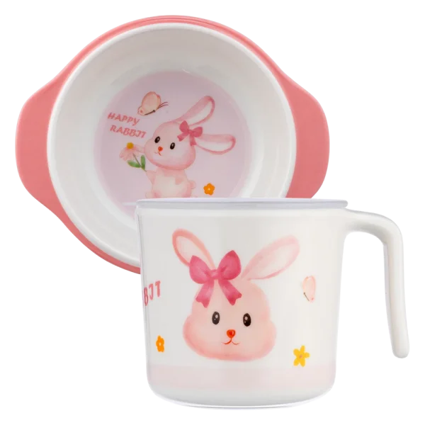 Combo 1 Bát ăn dặm melamine cao cấp Moreware (W6082, tay cầm, thỏ hồng) và 1 Cốc uống nước có nắp đậy melamine cao cấp Moreware (220ml, 1005, thỏ hồng)