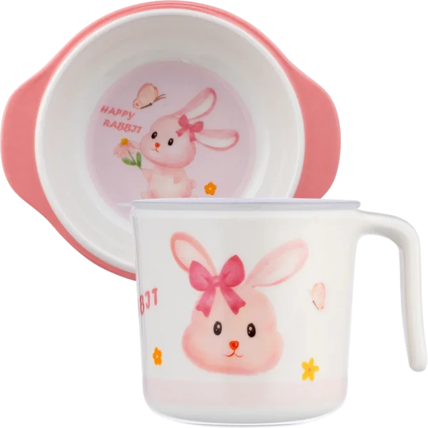 Combo 1 Bát ăn dặm melamine cao cấp Moreware (W6082, tay cầm, thỏ hồng) và 1 Cốc uống nước có nắp đậy melamine cao cấp Moreware (220ml, 1005, thỏ hồng)