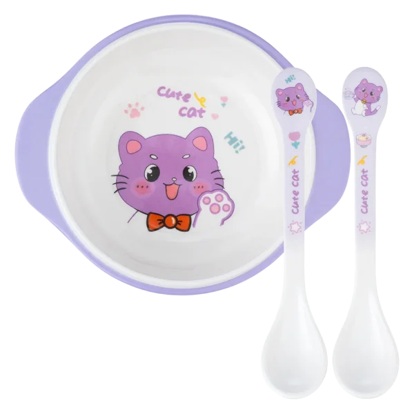Combo 1 Th&igrave;a ăn dặm melamine cao cấp Moreware (2 c&aacute;i/vỉ, 9013, m&egrave;o xinh) v&agrave; 1 B&aacute;t ăn dặm melamine cao cấp Moreware (W6082, tay cầm, m&egrave;o xinh)