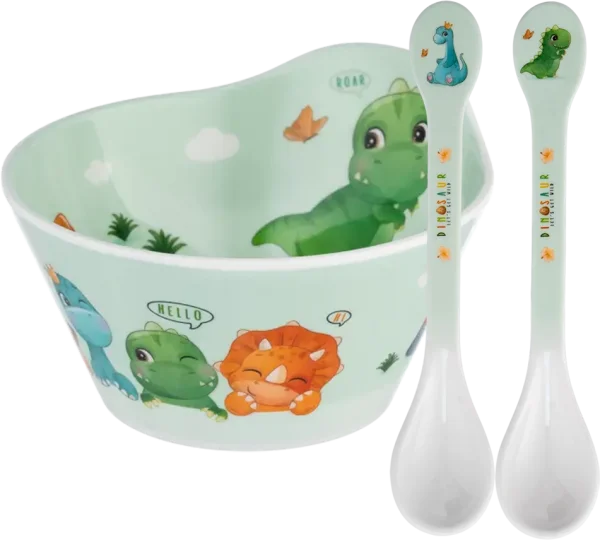 Combo 1 Thìa ăn dặm melamine cao cấp Moreware (2 cái/vỉ, 9013, khủng long) và 1 Bát ăn dặm melamine cao cấp Moreware (SW6343, vuông, khủng long)