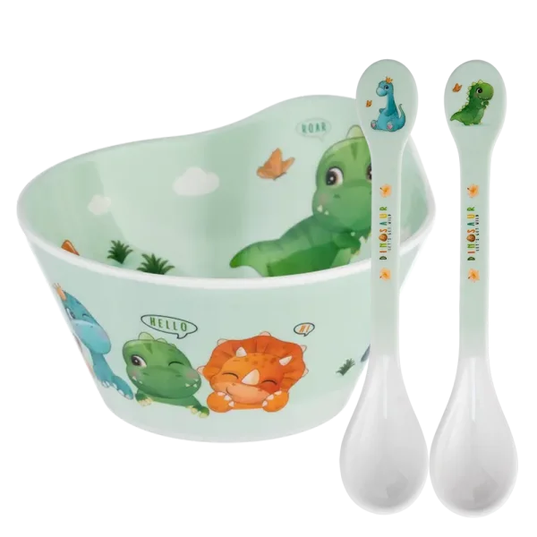 Combo 1 Thìa ăn dặm melamine cao cấp Moreware (2 cái/vỉ, 9013, khủng long) và 1 Bát ăn dặm melamine cao cấp Moreware (W6015, tròn, khủng long)