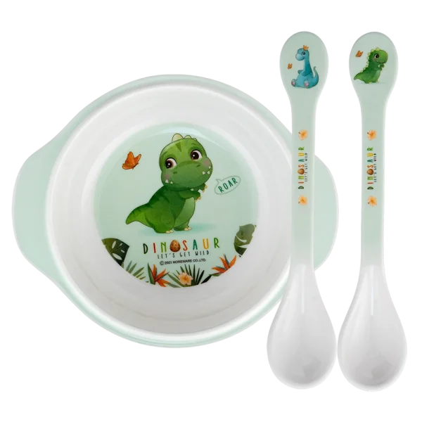 Combo 1 Thìa ăn dặm melamine cao cấp Moreware (2 cái/vỉ, 9013, khủng long) và 1 Bát ăn dặm melamine cao cấp Moreware (W6082, tay cầm, khủng long)