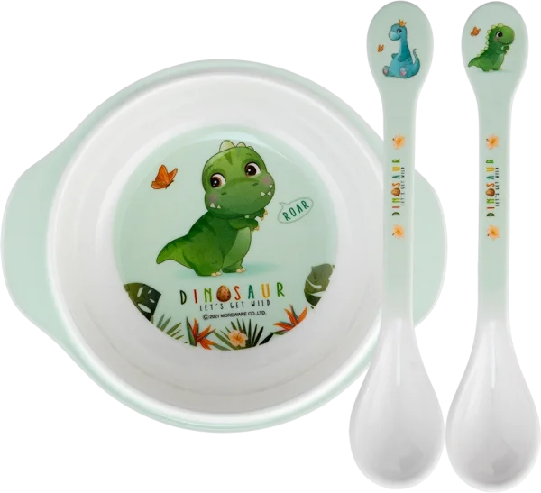 Combo 1 Thìa ăn dặm melamine cao cấp Moreware (2 cái/vỉ, 9013, khủng long) và 1 Bát ăn dặm melamine cao cấp Moreware (W6082, tay cầm, khủng long)