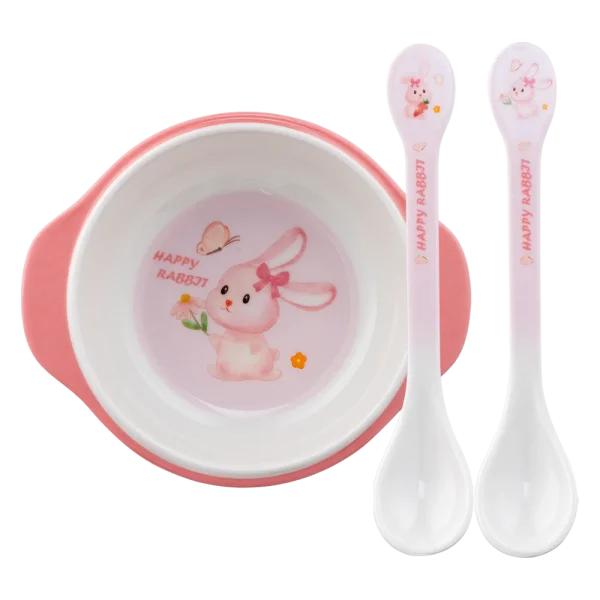 Combo 1 B&aacute;t ăn dặm melamine cao cấp Moreware (W6082, tay cầm, thỏ hồng) v&agrave; 1 Th&igrave;a ăn dặm melamine cao cấp Moreware (2 c&aacute;i/vỉ, 9013, thỏ hồng)