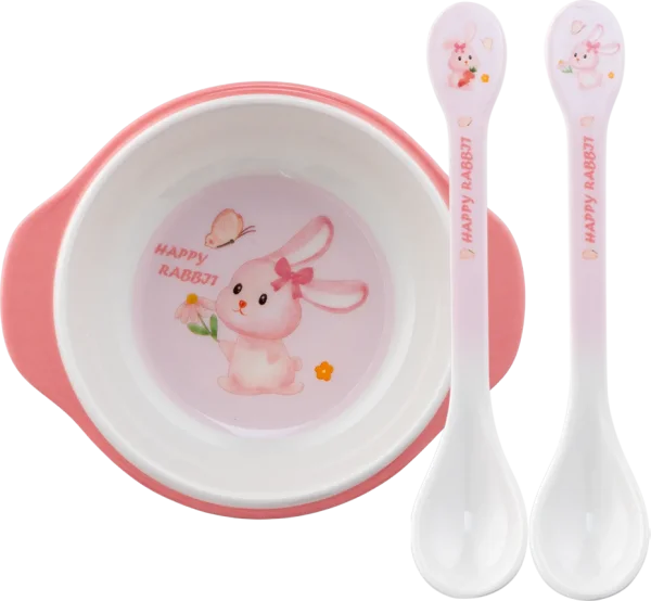 Combo 1 Bát ăn dặm melamine cao cấp Moreware (W6082, tay cầm, thỏ hồng) và 1 Thìa ăn dặm melamine cao cấp Moreware (2 cái/vỉ, 9013, thỏ hồng)