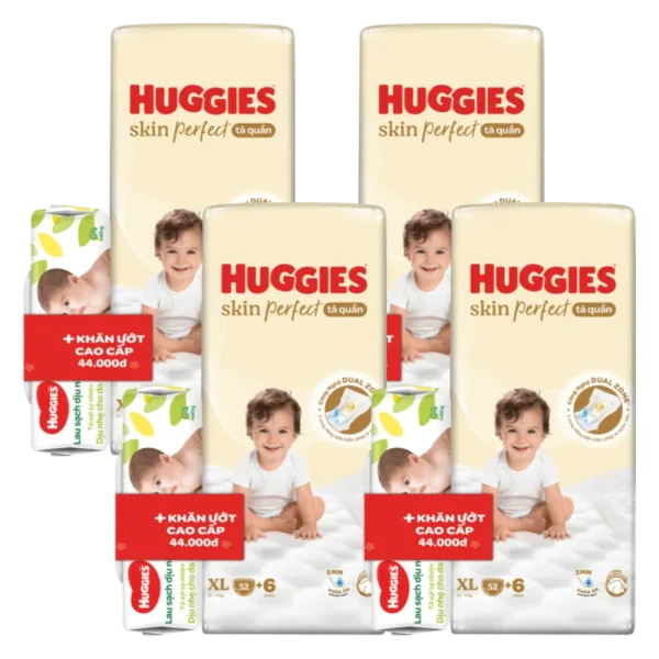 Combo 4 Tã quần Huggies SkinPerfect Pants (XL, 12-17kg, 52+6 miếng)  + QT khăn ướt