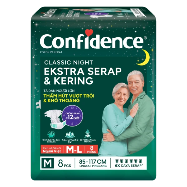 Tã dán người lớn Confidence thấm hút vượt trội & khô thoáng size M8 (vòng hông 85-117cm)