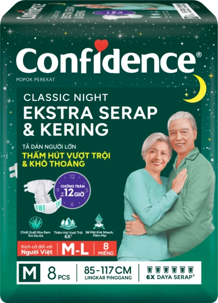 Tã dán người lớn Confidence thấm hút vượt trội & khô thoáng size M8 (vòng hông 85-117cm)