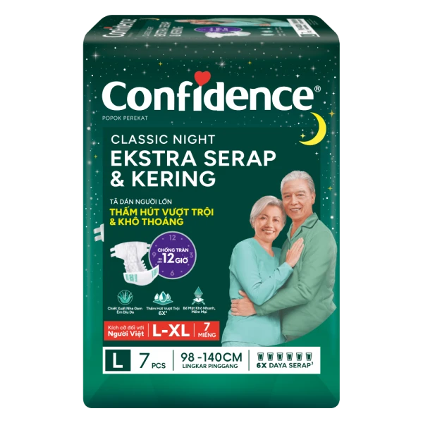 Tã dán người lớn Confidence thấm hút vượt trội & khô thoáng size L7 (vòng hông 98 - 140cm)
