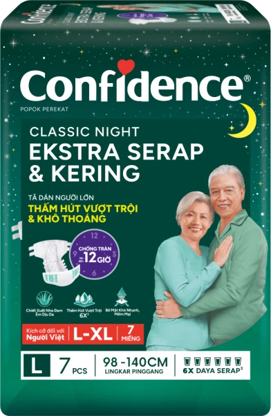 Tã dán người lớn Confidence thấm hút vượt trội & khô thoáng size L7 (vòng hông 98 - 140cm)