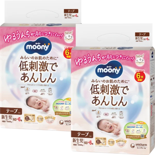 Combo 2 Tã dán Moony Natural (NB, 60 miếng + 6 miếng)
