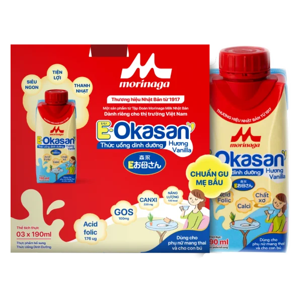Sữa cho mẹ bầu & mẹ sau sinh Morinaga E-Okasan hương vanilla 190ml (lốc 3 hộp)