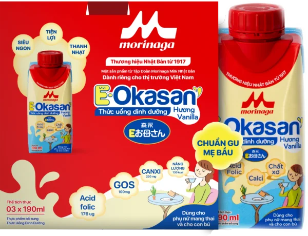 Sữa cho mẹ bầu & mẹ sau sinh Morinaga E-Okasan hương vanilla 190ml (lốc 3 hộp)