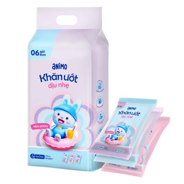 Khăn Ướt Dịu Nhẹ Animo Minipacks (6 gói x 10 tờ)